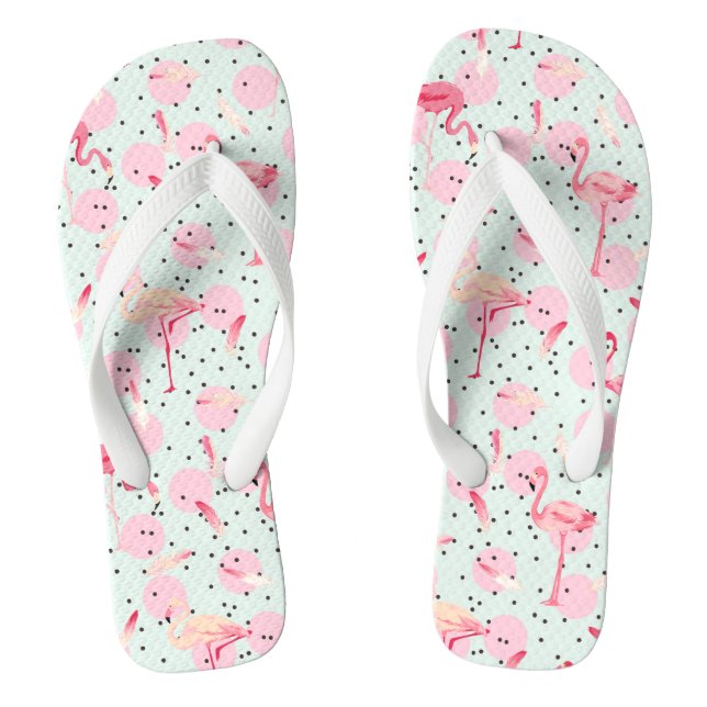 Flamingo Feathers On Polka Dots Flip Flops (Footbed)