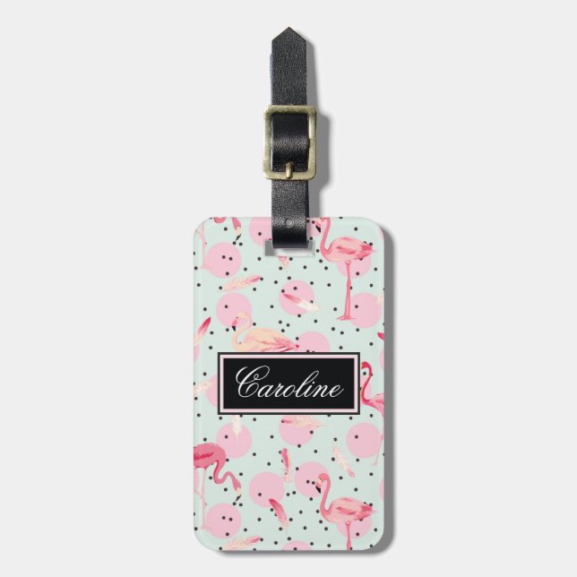 Flamingo Feathers On Polka Dots Luggage Tag (Front Vertical)