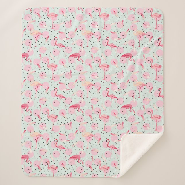 Flamingo Feathers On Polka Dots Sherpa Blanket (Front)