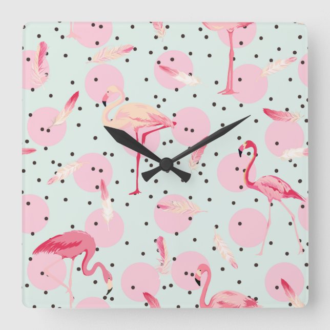 Flamingo Feathers On Polka Dots Square Wall Clock (Front)