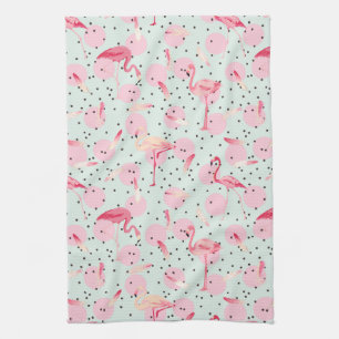 Flamingo Feathers On Polka Dots Tea Towel