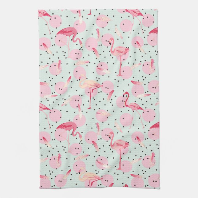 Flamingo Feathers On Polka Dots Tea Towel (Vertical)