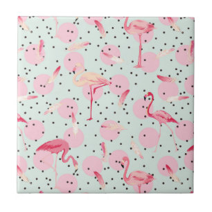 Flamingo Feathers On Polka Dots Tile