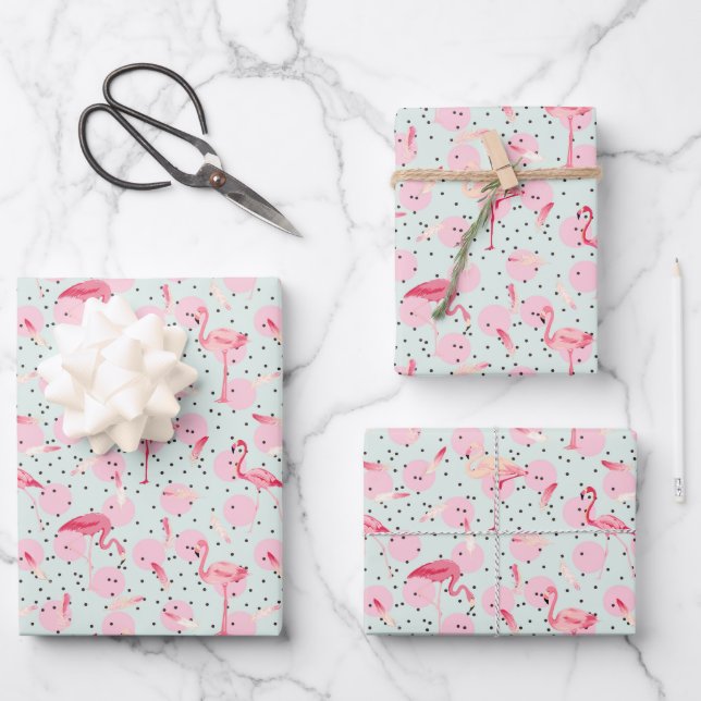 Flamingo Feathers On Polka Dots Wrapping Paper Sheet (Front)