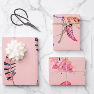 Flamingo & feathers wrapping paper set of 3
