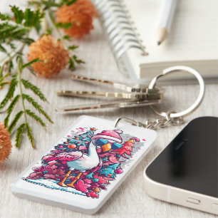 Flamingo Festivities Santa Hat and Glasses Christm Key Ring