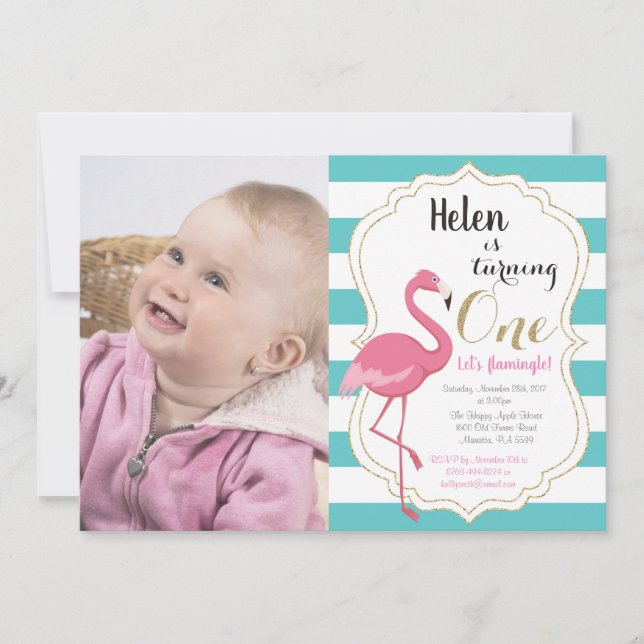 Flamingo First Birthday Invitation Girl (Front)