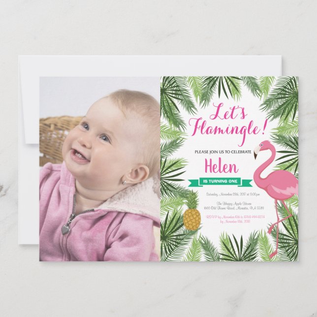 Flamingo First Birthday Invitation Girl (Front)