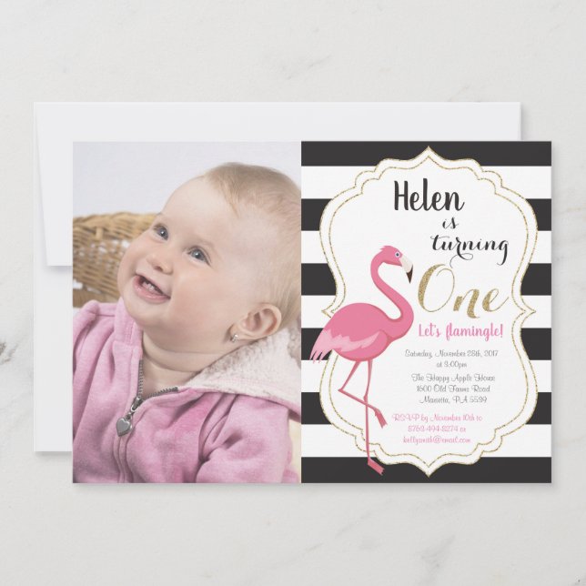 Flamingo First Birthday Invitation Girl (Front)