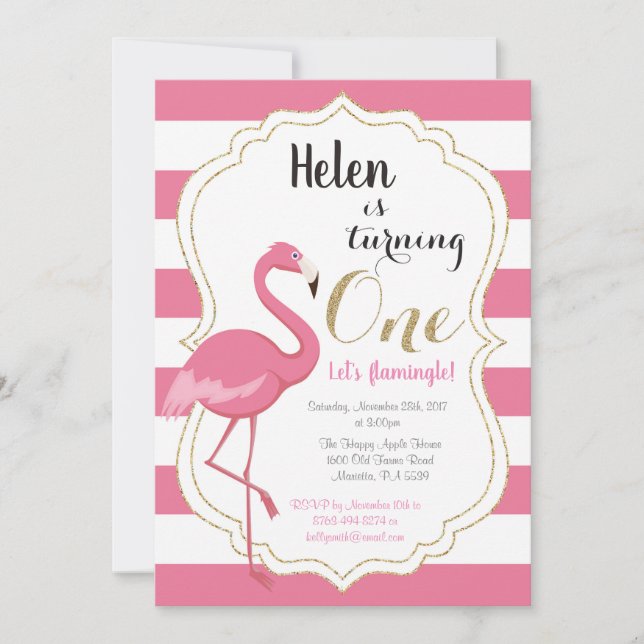 Flamingo First Birthday Invitation Girl (Front)