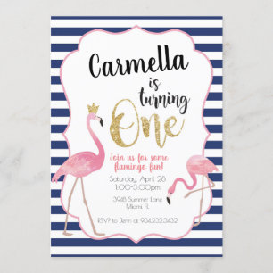 Flamingo First Birthday Invitation Navy Stripes
