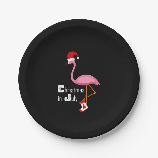 Flamingo | Flamingo Christmas In July Funny Party Paper Plate (Front)
