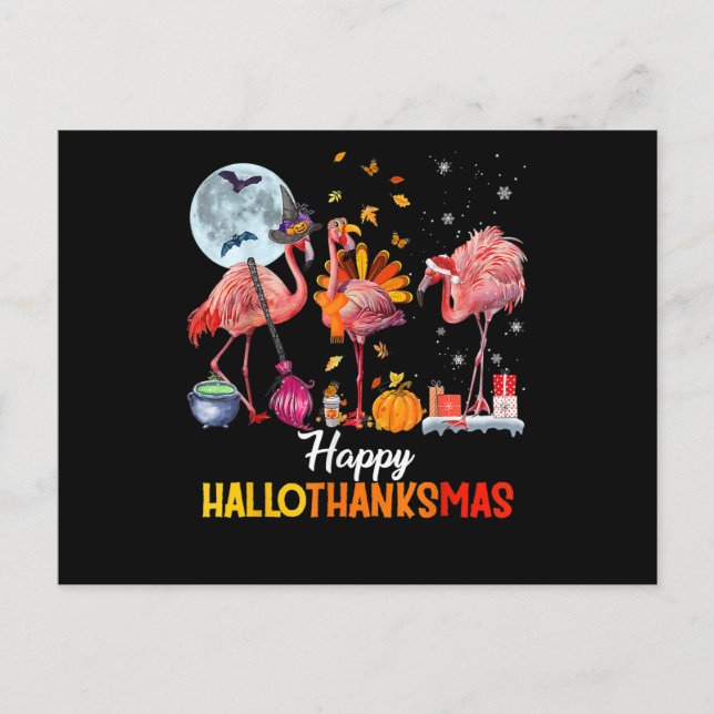 Flamingo | Flamingo Halloween And Merry Christmas Announcement Postcard (Front)