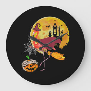 Flamingo   Flamingo Riding Broom Pumpkin Halloween Large Clock