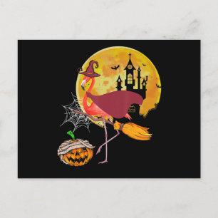 Flamingo   Flamingo Riding Broom Pumpkin Halloween Postcard