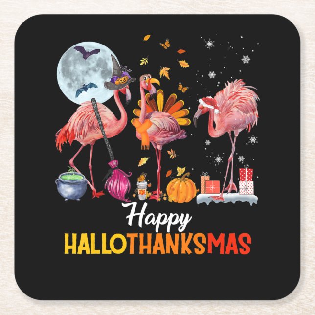 Flamingo|Flamingo Thanksgiving Halloween Christmas Square Paper Coaster (Front)