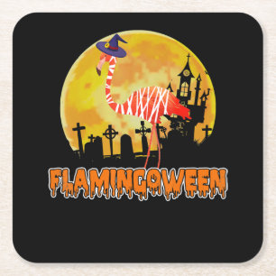 Flamingo Flamingoween Funny Witch Halloween Square Paper Coaster