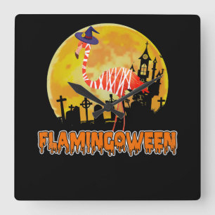 Flamingo Flamingoween Funny Witch Halloween Square Wall Clock