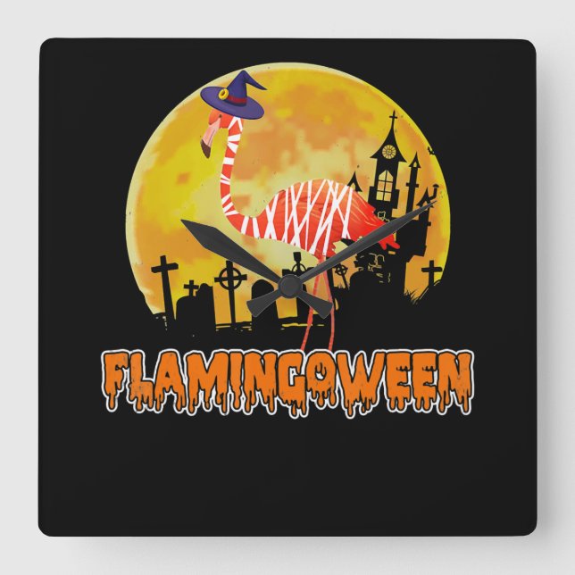 Flamingo | Flamingoween Funny Witch Halloween Square Wall Clock (Front)