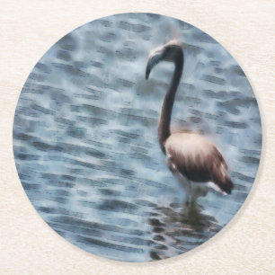 Flamingo Fledgling Watercolor Round Paper Coaster