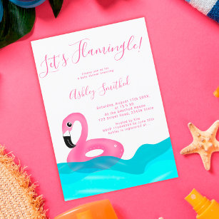 Flamingo floater waves beach pink baby shower invitation