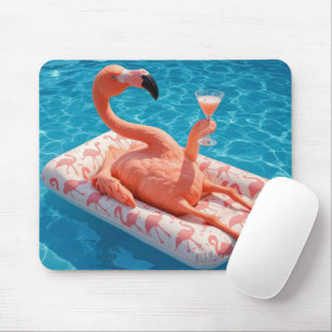 Flamingo Floating With a Cocktail In a Pool Mouse Mat