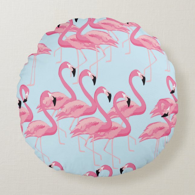 Flamingo Flock: Tropical Vintage Print Round Cushion (Front)