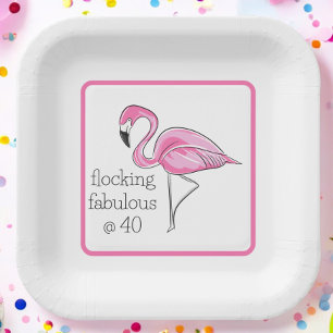 Flamingo Flocking Fabulous at Forty Border Party Paper Plate