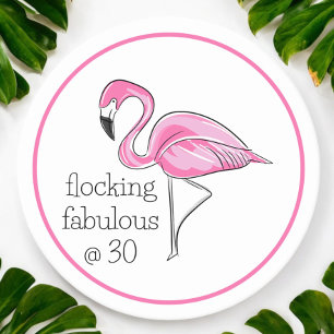 Flamingo Flocking Fabulous at Thirty Border Party Round Paper Coaster