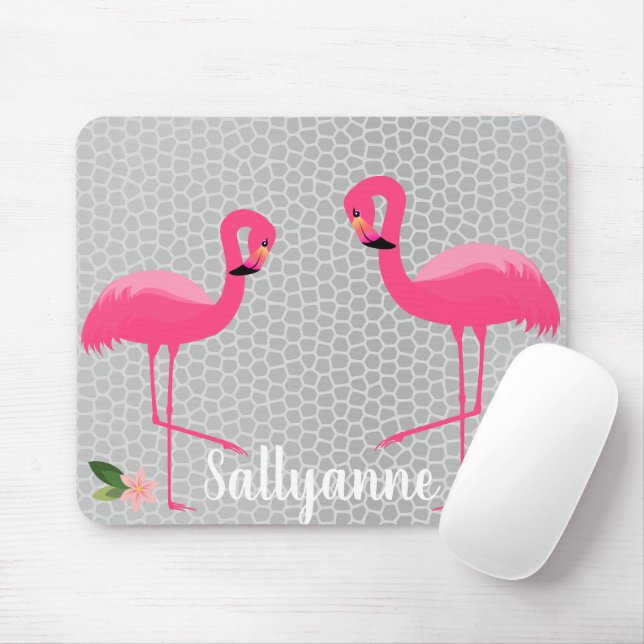 FLAMINGO FLORAL CUSTOMIZABLE SILVER GREY LEOPARD MOUSE MAT (With Mouse)