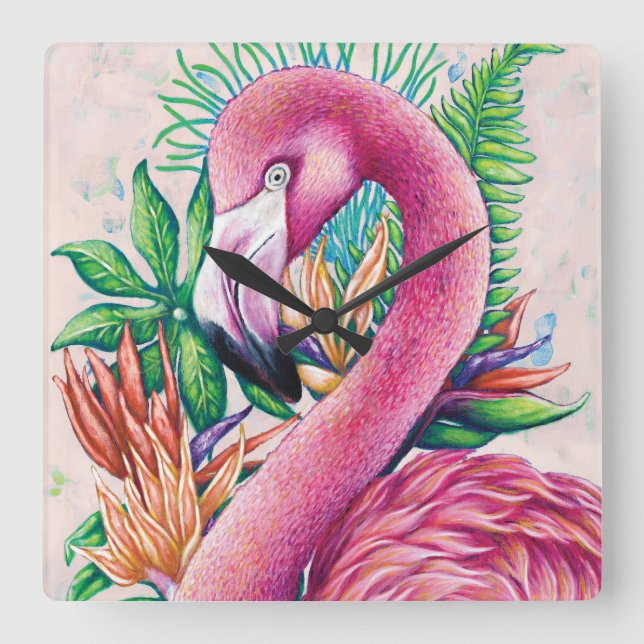 Flamingo Floral Hawaiian Funny Cute Wall Clock (Front)