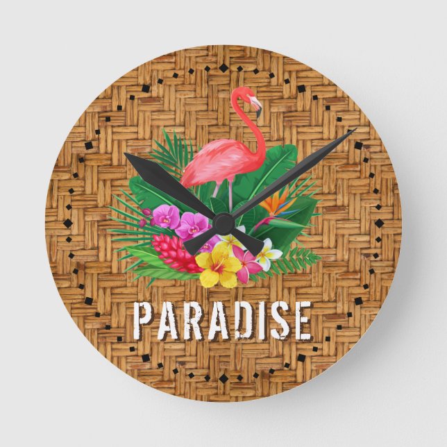 Flamingo Floral Paradise Round Clock (Front)