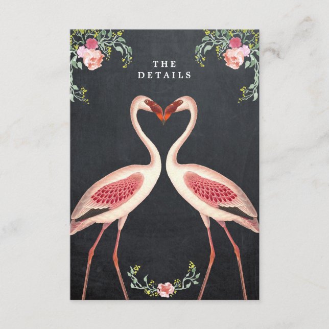 flamingo floral wedding details information card (Front)