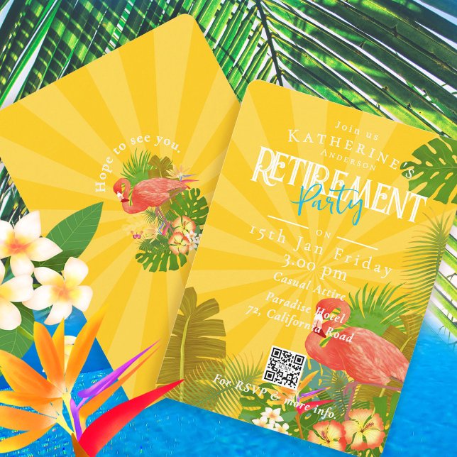 Flamingo Florida Tropical Yellow Retirement Invitation (Flamingo Tropical Retirement Party Invitation Card.)