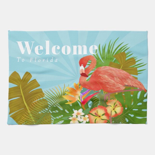 Flamingo Florida Welcome Blue Tea Towel (Horizontal)