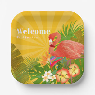 Flamingo Florida Welcome Yellow Orange Paper Plate