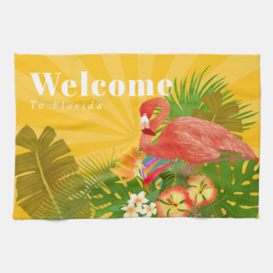 Flamingo Florida Welcome Yellow Orange Tea Towel