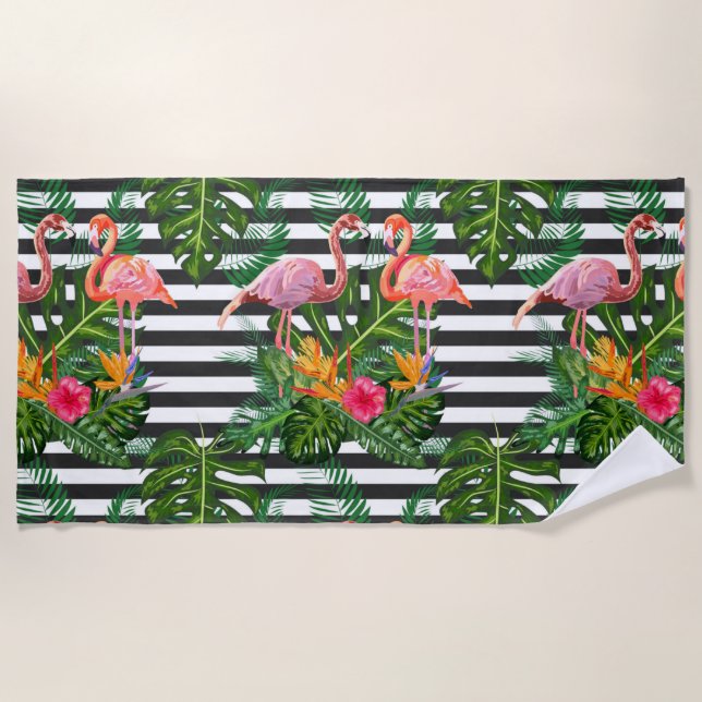 Flamingo Flowers Hibiscus Black White Stripe Beach Towel (Front)