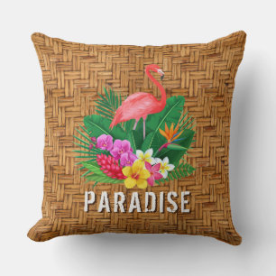 Flamingo Flowers on Wicker Pattern Cushion