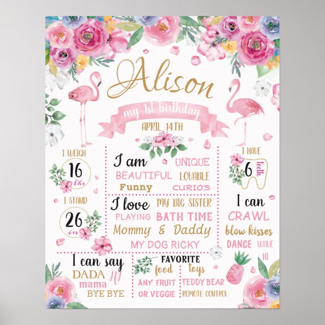 Flamingo Flowers Summer Luau Birthday sign (Front)