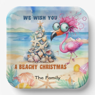 Flamingo for Christmas in July at the beach Paper Plate