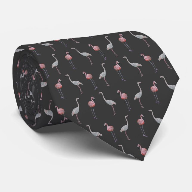 Flamingo Frenzy Tie Double Sided Print (Dark Grey) (Rolled)