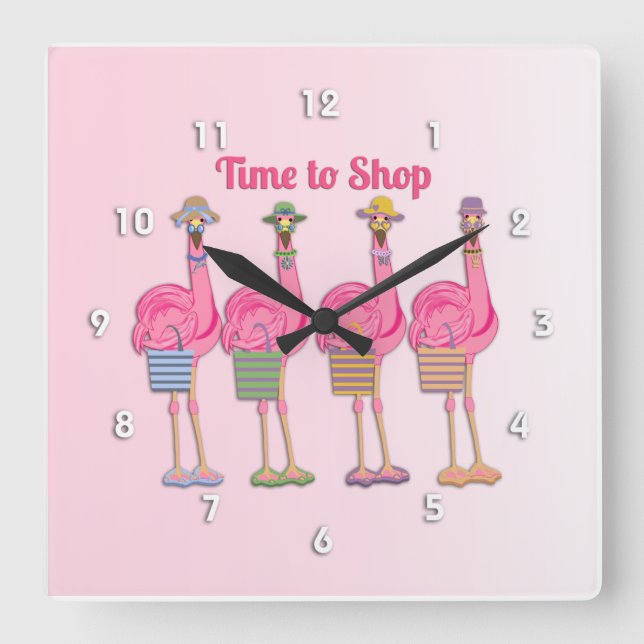 Flamingo Friends are Ready to Shop Square Wall Clock (Front)