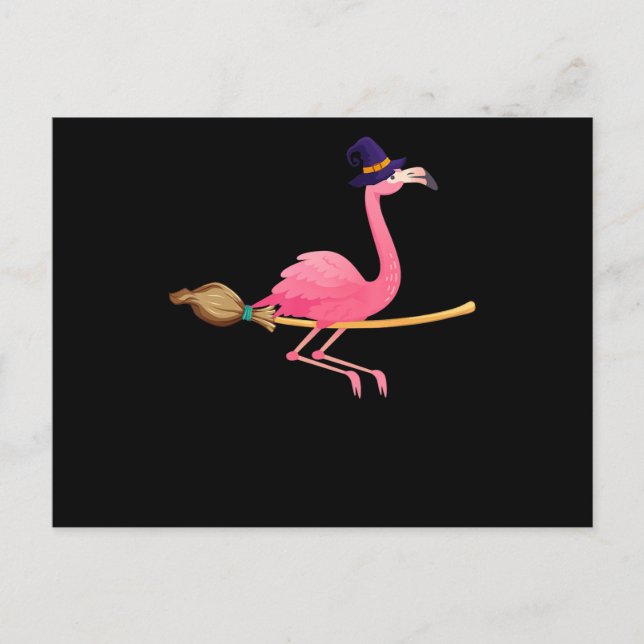Flamingo | Funny Flamingo Witch Halloween Announcement Postcard (Front)