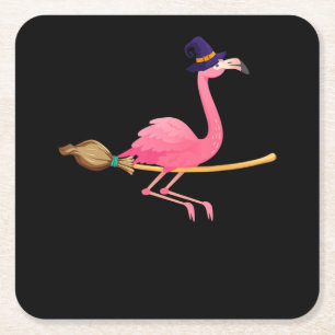 Flamingo   Funny Flamingo Witch Halloween Square Paper Coaster