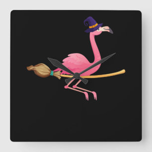 Flamingo Funny Flamingo Witch Halloween Square Wall Clock