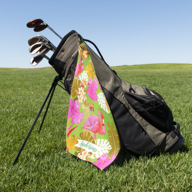 Flamingo Garden Bright Green Golf Towel (Green)