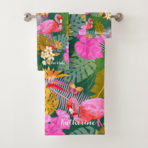 Flamingo Garden Dark Green Bath Towel Set