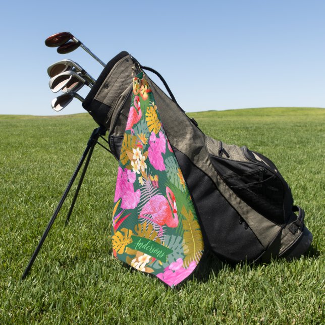 Flamingo Garden Dark Green Golf Towel (Green)