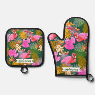 Flamingo Garden Dark Green Oven Mitt & Pot Holder Set